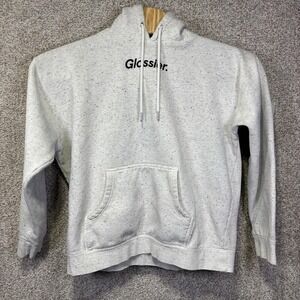 Glossier Hoodie Mens Large Gray Speckled Fleece Pullover Logo Graphic Front